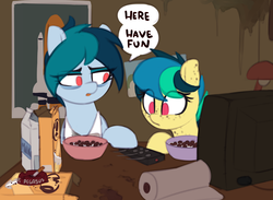 Size: 1280x935 | Tagged: safe, artist:shinodage, oc, oc only, oc:apogee, oc:delta vee, pegasus, pony, apron, ash, ashtray, bags under eyes, boop o' roops, bowl, box, cereal, cigarette, clothes, delta vee's junkyard, desk lamp, duo, ear freckles, female, food, freckles, lamp, mare, milk, no pupils, paper towels, poster, remote, shirt, single panel, speech bubble, television