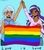 Size: 3675x4200 | Tagged: safe, artist:mylittleyuri, starlight glimmer, trixie, human, g4, armpits, blue background, blushing, cute, dark skin, digital art, female, flag, gay pride, gay pride flag, high five, high res, humanized, lesbian, lgbt, love is love, pride, pride flag, pride month, ship:startrix, shipping, simple background