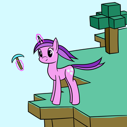 Size: 1600x1600 | Tagged: safe, artist:joey, amethyst star, sparkler, pony, unicorn, g4, cliff, female, levitation, magic, mare, minecraft, pickaxe, smiling, solo, telekinesis, windswept mane