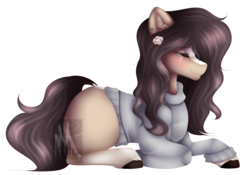 Size: 2557x1793 | Tagged: safe, artist:mauuwde, oc, oc only, oc:maude, earth pony, pony, clothes, female, mare, prone, simple background, solo, sweater, transparent background, watermark