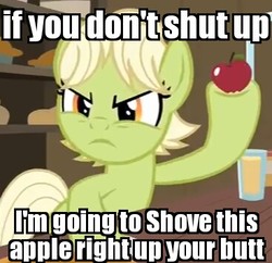 Size: 367x355 | Tagged: safe, edit, edited screencap, screencap, granny smith, earth pony, pony, g4, the perfect pear, apple, caption, female, food, image macro, implied anal insertion, implied insertion, meme, reaction image, solo, threat, young granny smith