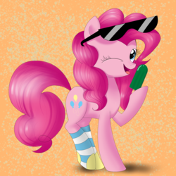 Size: 2000x2000 | Tagged: safe, artist:songbirdserenade, pinkie pie, earth pony, pony, g4, abstract background, clothes, cute, female, food, happy, high res, hoof hold, looking at you, mare, one eye closed, popsicle, raised hoof, simple background, socks, solo, striped socks, sunglasses, wink
