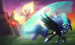 Size: 3000x1800 | Tagged: safe, artist:shad0w-galaxy, daybreaker, nightmare moon, pony, a royal problem, g4, floppy ears, flying, force field, glowing horn, gritted teeth, horn, magic, mountain, twilight (astronomy)