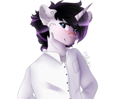 Size: 2000x1600 | Tagged: safe, artist:skimea, oc, oc only, unicorn, anthro, bust, clothes, male, portrait, scar, simple background, solo, stallion, transparent background