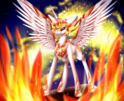 Size: 5560x4540 | Tagged: safe, artist:lumip0ny, daybreaker, pony, a royal problem, g4, absurd resolution, big ears, chest fluff, female, fire, mane of fire, smiling, solo, spread wings, wings