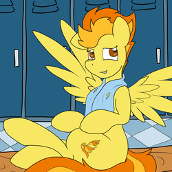 Size: 4104x4104 | Tagged: safe, artist:undercoverpone, spitfire, pegasus, pony, g4, absurd resolution, female, locker room, mare, sitting, solo, towel, wonderbolts