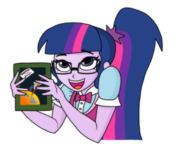Size: 1060x960 | Tagged: safe, artist:iyoungsavage, sci-twi, twilight sparkle, equestria girls, g4, book, clothes, comic, comic book, female, glasses, open mouth, ponytail, simple background, smiling, solo, talking, transparent background