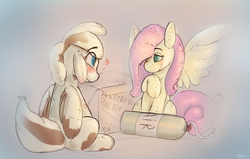 Size: 2351x1491 | Tagged: safe, artist:memorynumber, fluttershy, oc, oc:milk dud, pony, g4, air tank, blushing, eye contact, heart, inflatable, inflation, looking at each other, pool toy, sitting, toy