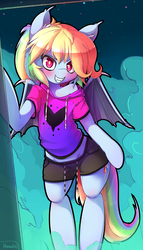 Size: 1900x3333 | Tagged: safe, artist:hoodie, rainbow dash, bat pony, pony, semi-anthro, g4, bat ponified, bipedal, blushing, clothes, cloud, fangs, female, hoodie, leaning, looking at you, mare, night, off shoulder, race swap, shorts, solo, wide hips