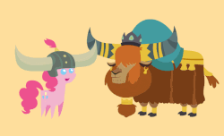 Size: 640x390 | Tagged: safe, artist:agrol, part of a set, pinkie pie, prince rutherford, earth pony, pony, yak, g4, not asking for trouble, season 7, animated, crown, duo, ear piercing, earring, gif, helmet, honorary yak horns, horn, horn ring, hornbump, horned helmet, jewelry, orange background, piercing, pointy ponies, regalia, simple background, smiling, viking helmet