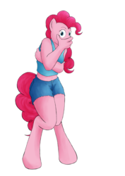 Size: 1315x1859 | Tagged: safe, artist:alixnight, pinkie pie, earth pony, anthro, unguligrade anthro, g4, clothes, covering mouth, female, shorts, simple background, solo, tank top, white background