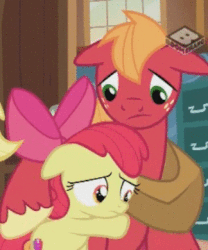 Size: 300x360 | Tagged: safe, screencap, apple bloom, applejack, big macintosh, earth pony, pony, g4, the perfect pear, adorabloom, animated, brother and sister, cute, equestria's best big brother, feels, female, filly, floppy ears, foal, gif, hug, male, sad, stallion