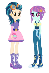 Size: 416x618 | Tagged: safe, artist:marrabo, indigo zap, sunny flare, equestria girls, g4, boots, clothes, clothes swap, duo, duo female, ear piercing, earring, female, fingerless gloves, gloves, goggles, jewelry, piercing, shoes, simple background, skirt, transparent background