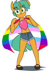 Size: 2000x2897 | Tagged: safe, artist:kryptchild, snails, anthro, g4, camisole, clothes, female, gay pride flag, glitter shell, high res, lgbt, lovewins, pride, pride flag, shorts, solo, trans female, transgender, transgender pride flag