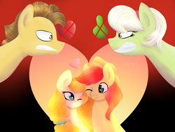 Size: 4000x3000 | Tagged: safe, artist:itssopanda, bright mac, grand pear, granny smith, pear butter, earth pony, pony, g4, the perfect pear, cross-popping veins, enemies, father and daughter, female, male, mother and child, mother and son, ship:brightbutter, shipping, straight, young grand pear, young granny smith, younger
