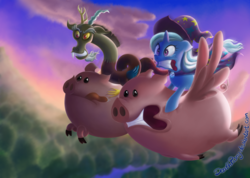 Size: 2000x1423 | Tagged: safe, artist:deathpwny, discord, trixie, draconequus, flying pig, pig, pony, unicorn, g4, to where and back again, female, flying, male, mare, ponies riding pigs, riding