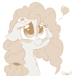 Size: 1400x1440 | Tagged: safe, artist:fakskis, pear butter, earth pony, pony, g4, the perfect pear, blushing, bust, buttercup, chest fluff, cute, female, floating heart, floppy ears, flower, flower in hair, freckles, gray background, heart, lidded eyes, looking up, mare, monochrome, neck fluff, pearabetes, pictogram, portrait, simple background, sketch, smiling, solo, spoken heart