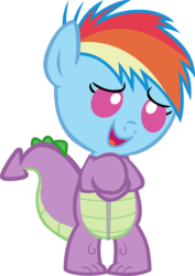 Size: 875x1237 | Tagged: artist needed, safe, rainbow dash, spike, dragon, pony, g4, animal costume, baby, baby dash, baby pony, bipedal, clothes, costume, cute, dashabetes, dragon costume, simple background, transparent background, vector, younger, zipper