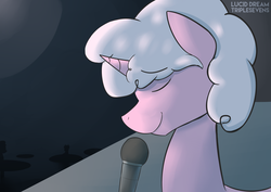 Size: 4092x2893 | Tagged: safe, artist:triplesevens, oc, oc only, oc:drawalot, pony, bar, dark, eyes closed, looking down, microphone, silhouette, singing, smiling, stage, table