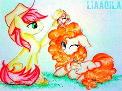 Size: 1854x1390 | Tagged: safe, artist:liaaqila, applejack, bright mac, pear butter, earth pony, pony, g4, the perfect pear, baby, baby pony, babyjack, cowboy hat, cute, family, female, foal, hat, jackabetes, male, mare, pearabetes, ship:brightbutter, shipping, smiling, stallion, stetson, straight, traditional art