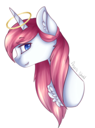 Size: 2077x2785 | Tagged: safe, artist:angelic-shield, derpibooru exclusive, oc, oc only, oc:evangeline, pony, bust, halo, high res, raised eyebrow, simple background, smiling, solo, transparent background