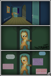 Size: 3254x4837 | Tagged: safe, artist:gutovi, applejack, earth pony, pony, comic:why me!?, g4, bipedal, comic, dialogue, female, high res, mare, scared