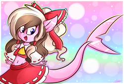 Size: 3000x2040 | Tagged: safe, artist:ashee, oc, oc only, oc:ashee, original species, shark, shark pony, anthro, belly button, bow, clothes, cosplay, costume, fangs, hair bow, hakurei reimu, high res, solo, touhou