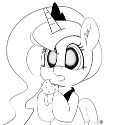 Size: 4611x5001 | Tagged: safe, artist:pabbley, princess luna, alicorn, pony, g4, absurd resolution, cute, eating, female, lunabetes, mare, monochrome, mushroom, open mouth, simple background, solo, tripping, white background, wide eyes