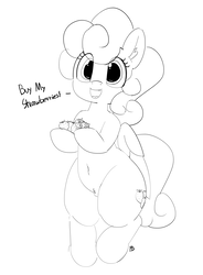 Size: 5000x6799 | Tagged: safe, artist:pabbley, strawberry sunrise, pegasus, pony, g4, honest apple, absurd resolution, belly button, bipedal, black and white, cute, dialogue, female, food, grayscale, looking at you, monochrome, open mouth, pubic fluff, pubic mound, simple background, smiling, solo, strawberry, thunder thighs, white background