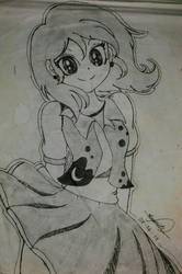 Size: 576x869 | Tagged: safe, artist:emositecc, princess luna, human, g4, clothes, cute, female, humanized, looking at you, lunabetes, moe, monochrome, signature, simple background, skirt, skirt lift, smiling, solo, traditional art, white background