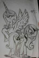 Size: 550x819 | Tagged: safe, artist:emositecc, princess celestia, princess luna, alicorn, pony, g4, angry, crying, duo, female, mare, monochrome, raised hoof, signature, simple background, sisters, spread wings, traditional art, white background, wings