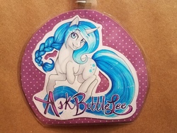 Size: 4032x3024 | Tagged: safe, artist:askbubblelee, oc, oc only, oc:bubble lee, oc:imago, pony, unicorn, badge, blue eyes, blue hair, female, high res, mare, smiling, solo, traditional art