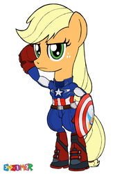 Size: 2550x3552 | Tagged: safe, artist:enzomersimpsons, applejack, earth pony, pony, g4, bipedal, captain america, captain equestria, crossover, female, high res, looking at you, mare, my little avengers, salute, shield, simple background, solo, white background