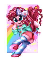 Size: 2550x3509 | Tagged: safe, artist:pridark, pinkie pie, earth pony, pony, g4, clothes, cute, decora, diapinkes, female, harajuku, heart, heart eyes, high res, mare, open mouth, shorts, socks, solo, striped socks, underhoof, wingding eyes