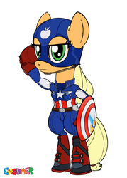Size: 2550x3552 | Tagged: safe, artist:enzomersimpsons, applejack, earth pony, pony, g4, bipedal, captain america, captain equestria, crossover, female, high res, mare, my little avengers, salute, solo