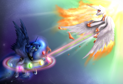 Size: 1937x1334 | Tagged: dead source, safe, artist:shinebluedraws, daybreaker, princess luna, alicorn, pony, a royal problem, g4, alternate universe, banishment, crying, duo, elements of harmony, female, flying, magic, mare, role reversal