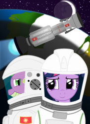 Size: 1024x1409 | Tagged: safe, artist:thefieldsofice, spike, twilight sparkle, dragon, g4, astronaut, flag, maybe shipping, moon, planet, rocket, sky, space, spaceship, spacesuit, stars, the intrepid few