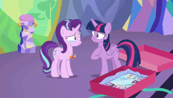 Size: 960x540 | Tagged: safe, edit, edited screencap, screencap, starlight glimmer, twilight sparkle, alicorn, pony, celestial advice, g4, animated, caption, crying, cushion, cute, duo, duo female, emotional, equestrian pink heart of courage, female, friendship, gif, hug, medal, mirror, painting, photos, present, ribbon, snuggling, student, teacher, tears of joy, text, twilight sparkle (alicorn), twilight's castle