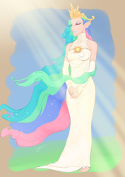 Size: 1414x2000 | Tagged: safe, artist:arareroll, princess celestia, elf, human, g4, barefoot, clothes, crepuscular rays, elf ears, evening gloves, eyeshadow, feet, female, gloves, humanized, lidded eyes, lipstick, long gloves, makeup, solo