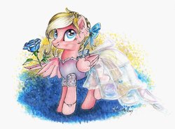 Size: 1024x759 | Tagged: safe, artist:lailyren, oc, oc only, oc:bay breeze, pony, bow, clothes, dress, flower, solo, traditional art