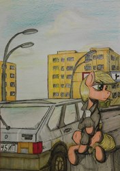 Size: 730x1037 | Tagged: safe, artist:incrediblepanzer, applejack, earth pony, pony, g4, '90s, car, cigarette, clothes, female, jacket, looking away, mare, outdoors, plattenbau, raised hoof, russia, sitting, solo, street, vaz-2109