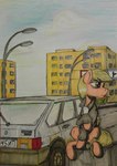 Size: 730x1037 | Tagged: safe, artist:incrediblepanzer, applejack, earth pony, pony, g4, '90s, car, cigarette, clothes, female, jacket, looking away, mare, outdoors, plattenbau, raised hoof, russia, sitting, solo, street, vaz-2109