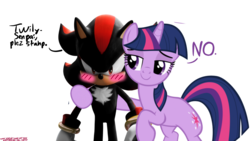 Size: 1366x768 | Tagged: safe, twilight sparkle, pony, g4, 1000 years in photoshop, blushing, crack shipping, crossover, crossover shipping, dialogue, don't take it seriously, female, i hate my life, male, shadow the hedgehog, shadtwi, shipping, simple background, sonic the hedgehog, sonic the hedgehog (series), straight, transparent background, wat, why