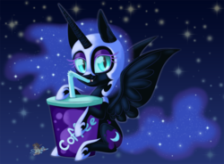 Size: 1024x753 | Tagged: safe, artist:unisoleil, nightmare moon, alicorn, pony, g4, chibi, coffee, cup, female, solo, straw