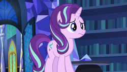 Size: 1920x1080 | Tagged: safe, screencap, starlight glimmer, pony, unicorn, every little thing she does, g4, season 6, book, bookshelf, door, female, frown, library, mare, solo, table, twilight's castle, twilight's castle library, worried