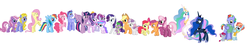 Size: 8016x1440 | Tagged: safe, apple bloom, applejack, bow hothoof, cheerilee, cottonbelle, daisy dreams, fluttershy, lily blossom, pinkie pie, princess celestia, princess luna, rainbow dash, rarity, scootaloo, spike, star dreams, starlight glimmer, sweetie belle, twilight sparkle, windy whistles, alicorn, pony, g4, season 8, 1000 hours in ms paint, aged badly, alicornified, didn't think this through, high res, ms paint, race swap, rainbow dash's parents, simple background, starlicorn, starlight's parents, white background