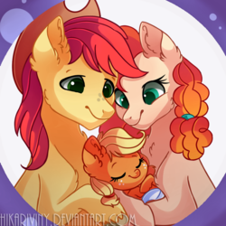 Size: 900x900 | Tagged: safe, artist:hikariviny, applejack, bright mac, pear butter, earth pony, pony, g4, the perfect pear, baby, baby pony, babyjack, cowboy hat, cute, family, female, foal, freckles, hat, jackabetes, male, mare, ship:brightbutter, shipping, sleeping, stallion, stetson, straight
