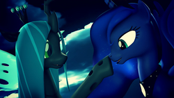 Size: 1200x675 | Tagged: safe, artist:loveslove, princess luna, queen chrysalis, alicorn, changeling, changeling queen, pony, g4, 3d, boop, female, implied lesbian, smiling