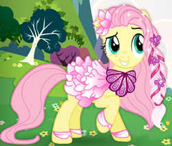 Size: 351x297 | Tagged: safe, fluttershy, pegasus, pony, g4, braid, clothes, dress, dress up who, dressupwho, female, flower, flower in hair, fynsy, mare, outdoors, solo