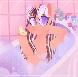 Size: 2128x2096 | Tagged: safe, artist:queennutti, oc, oc only, pony, unicorn, bath, bathtub, bubble bath, female, high res, looking at you, rubber duck, ych result